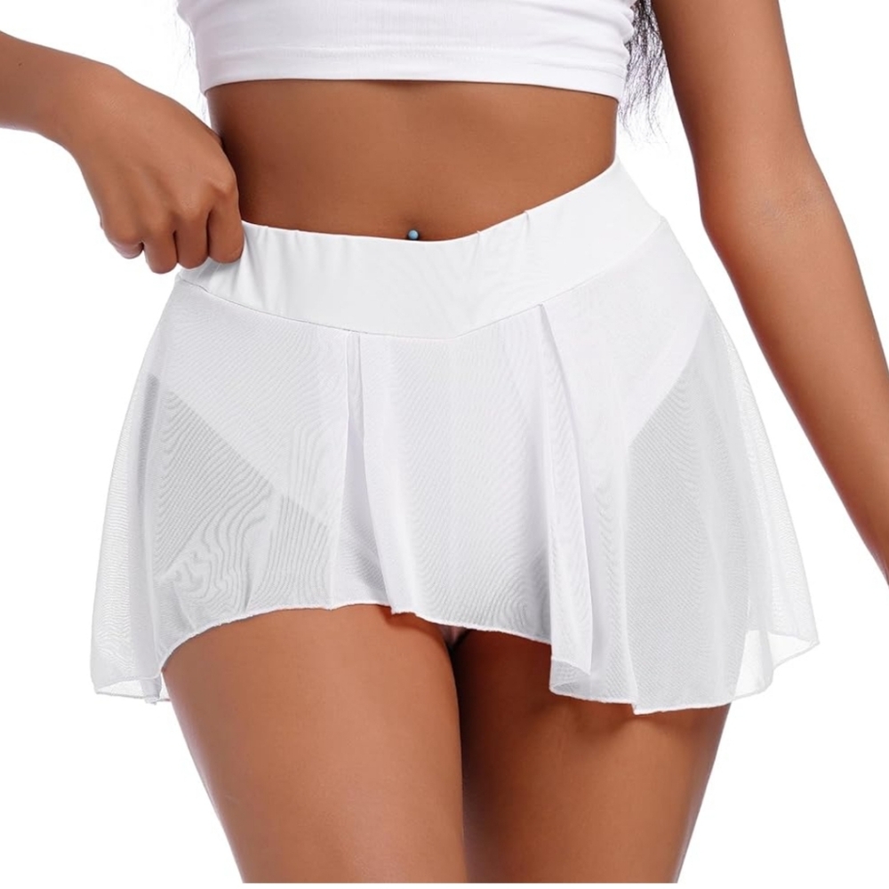 Womens Sexy Flowy Skirts Shorts Sheer Tulle 2 in 1 Pole Dance Yoga Rave Bottoms